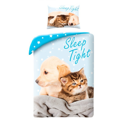 Povlečení Štěně a kotě "Sleep Tight" HX0036 - 140x200, 70x90 + vak, 100% bavlna